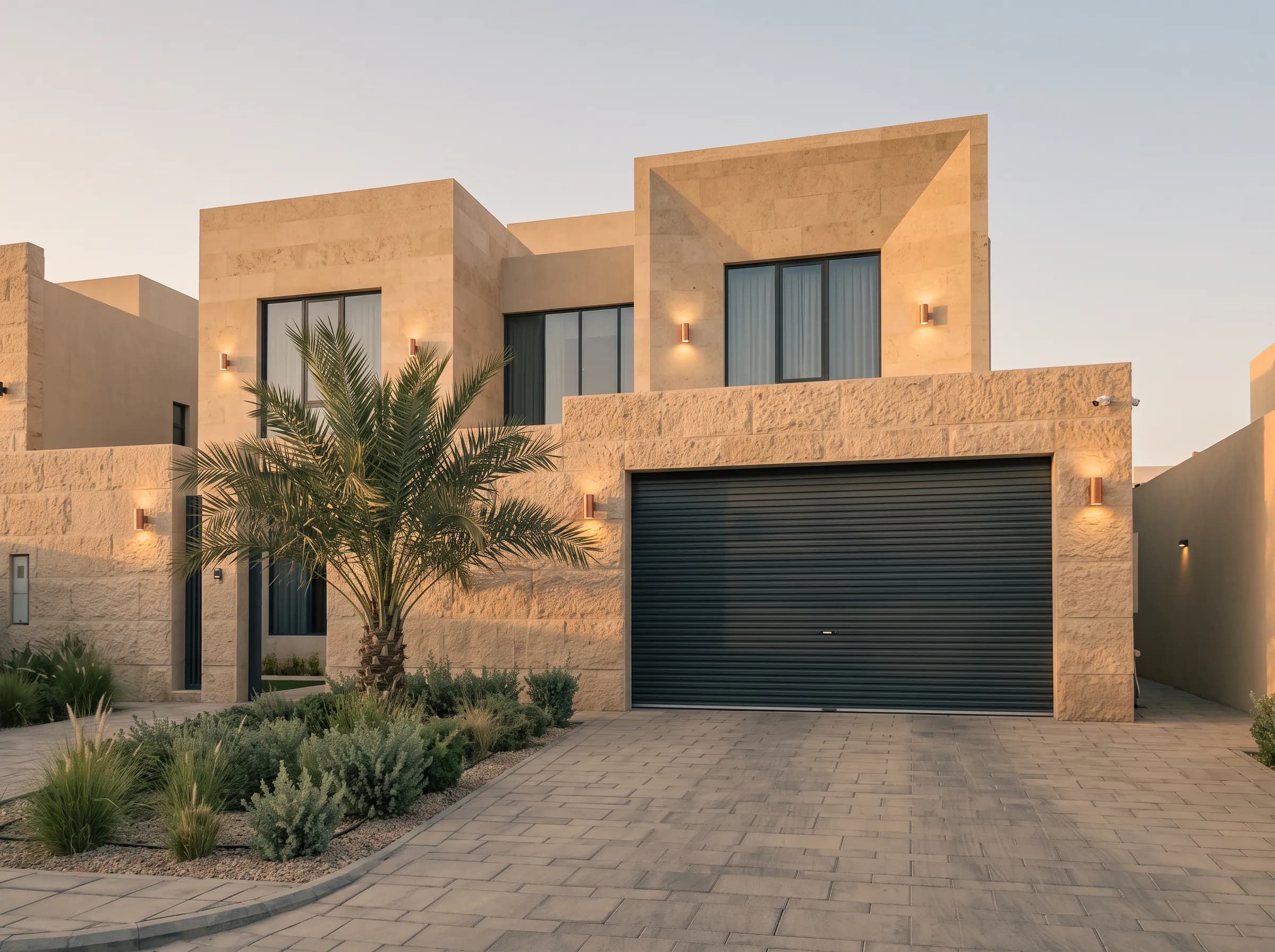 باب كراج أوتوماتيكي حديث مركّب في واجهة فيلا سكنية بالرياض