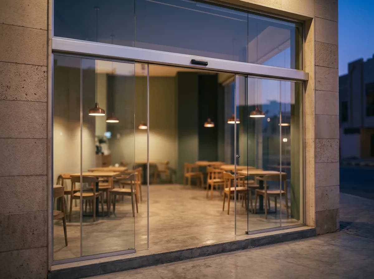 باب زجاج سيكوريت أوتوماتيكي لواجهة محل تجاري على طريق الملك فهد